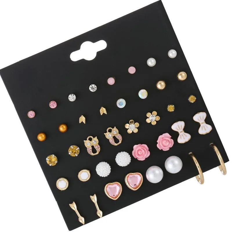 

20 pairs of mixed animal heart-shaped flower arrow pearl earrings set for women