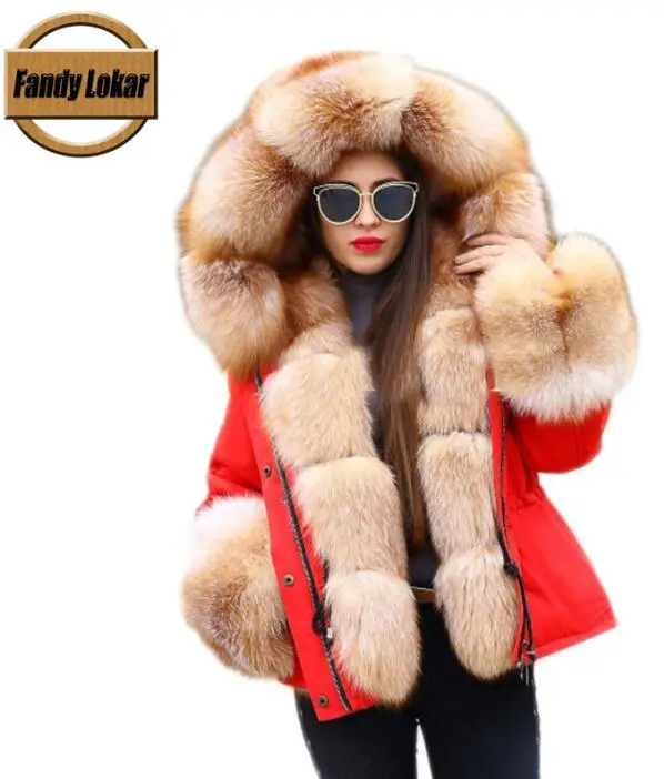 FP10212 red Fandy lokar FL зимняя женская куртка, меховая парка, Модная парка из натурального Лисьего меха с подкладкой из натурального кролика, теплые меховые пальто для женщин - Цвет: FP10212 red