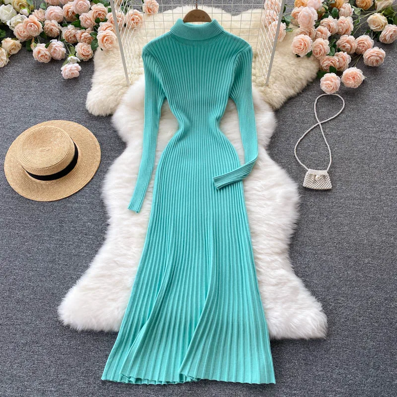 

Elegant Turtleneck Long-Sleeved Pleated Women Knitted Dress Elastic Slim Pencil Sweater Dress Autumn Winter Sexy Bodycon Vestido