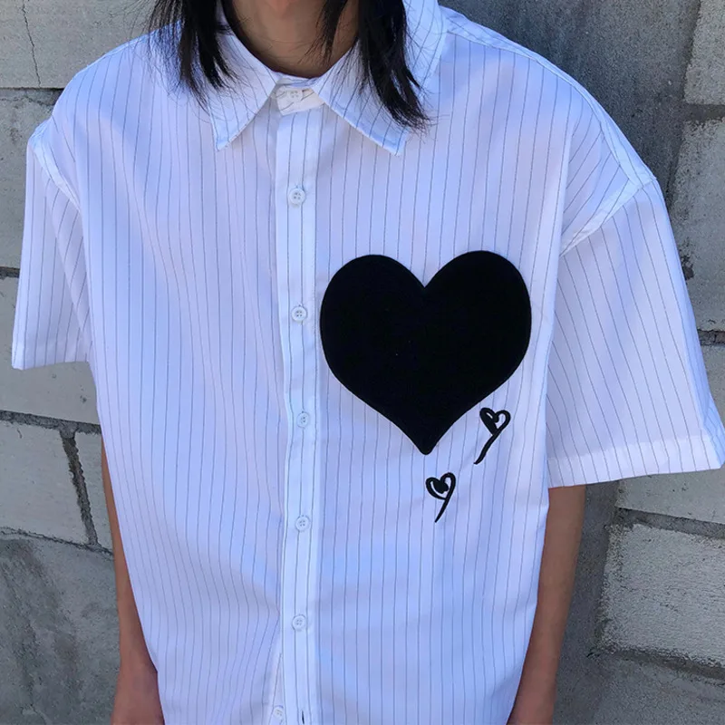 

IEFB Men's High Street Love Embroidery High-grade Short Sleeve Shirt 2021 Summer New Fashion White Striped Shirt Couple 9Y5507