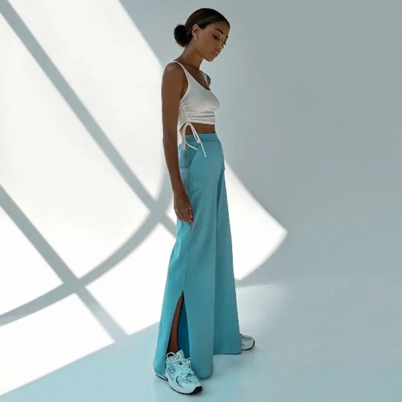 

Брюки женские хлопковые с широкими штанинами, повседневные эластичные свободные спортивные штаны с разрезом и высокой талией, винтажные бр...