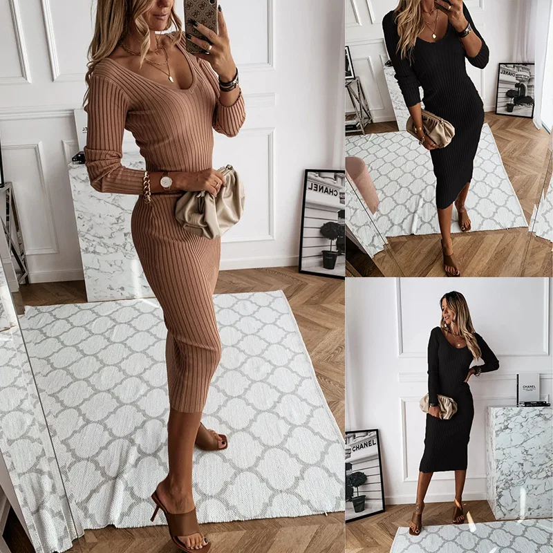 

Autumn New Popular Style Women's Long Sleeve V-neck Solid Mid-Calf Pencil Dress
