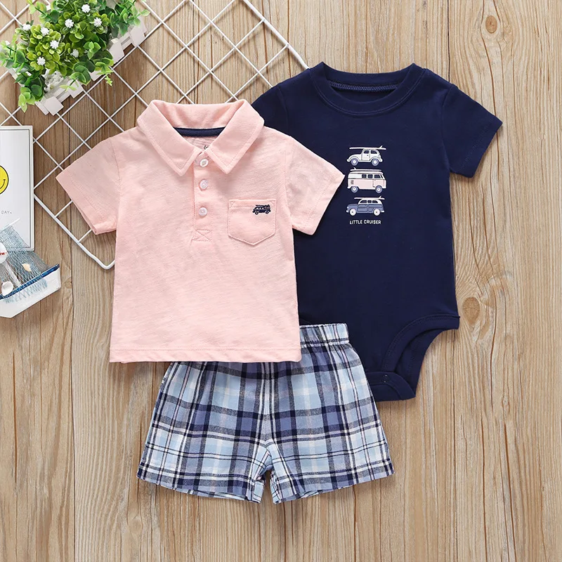 Baby Boy Cotton White T Shirts Clothes Striped O-Neck 3pcs bebes Rompers+Top+Short Pants Newborn Jumpsuits Clothing Sets |