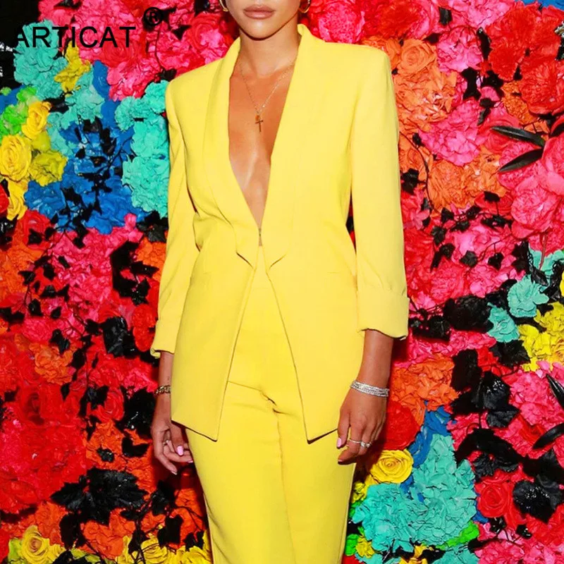 Articat сексуальный офисный Женский комплект из двух предметов, комбинезон, Женский блейзер с высокой талией, топ и штаны, комплект, однотонный осенне-зимний костюм с длинными рукавами