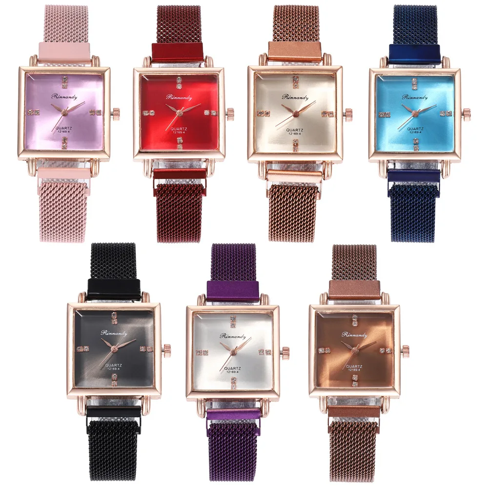 Квадратные благородные роскошные женские часы розовый набор с золотым браслетом