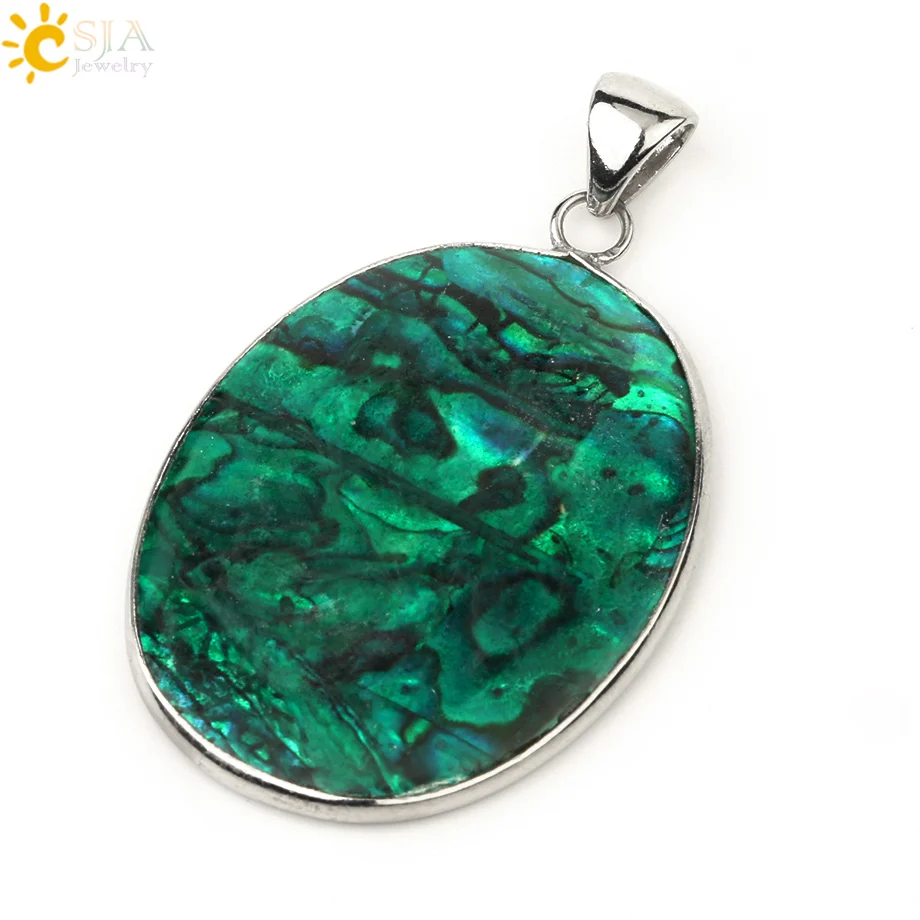 Pendant Csja зеленая овальная подвеска из морской раковины pauna Abalone оболочки Плоский шарик подвески из серебра ожерелье для женщин Шарм Простые Ювелирные изделия G230 - Окраска металла: Pendant