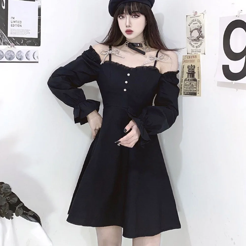 

High Street Sexy Fashion Summer Dress Simple Creative Designer Hipster Thin Fungus Strapless One Word Collar Long Sleeve