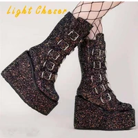 large size wedge heel belt buckle leather boots womens autumnwinter 2021 fashion sequined metal platform boots ladies boots