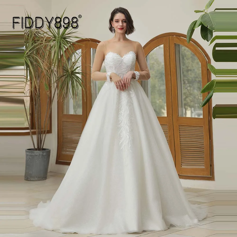 

FIDDY898 Illusion Wedding Dress for Bride vestido de novia A-line Woman Gown White Tulle Bridal Dresses robe mariage QW01110