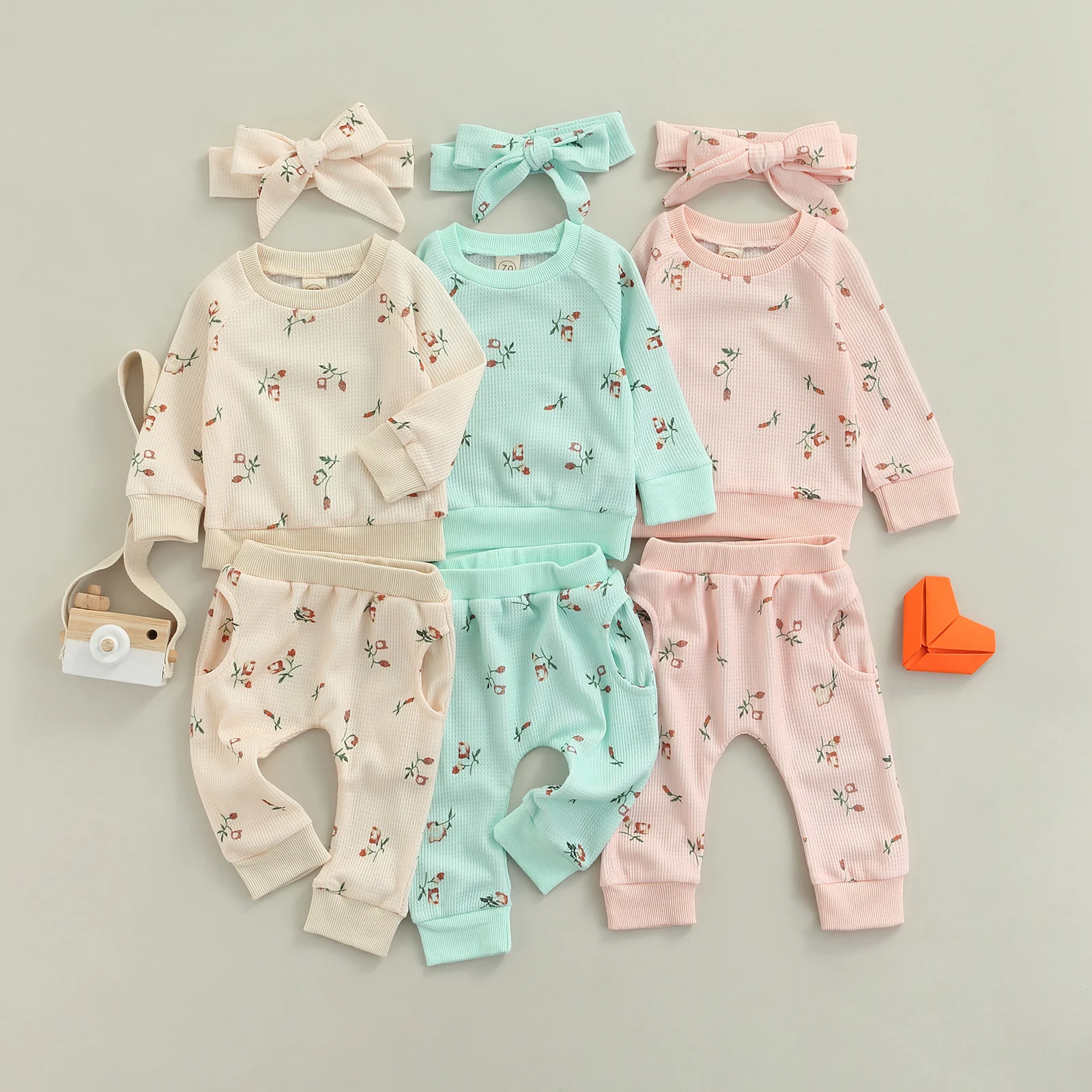 

0-24 Months 3 Pcs Newborn Flower Print Outfits Baby Girls Waffle Long Sleeve Round Neck Sweatshirt + Trousers Pockets + Headband