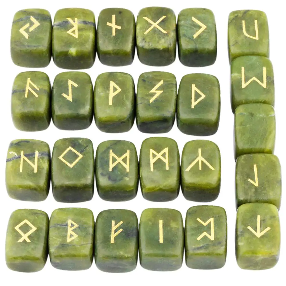 TUMBEELLUWA 1Lot (25Pc) Green Jade Engraved Rune Stones Set Healing Reiki Crystal Tumbled Stones