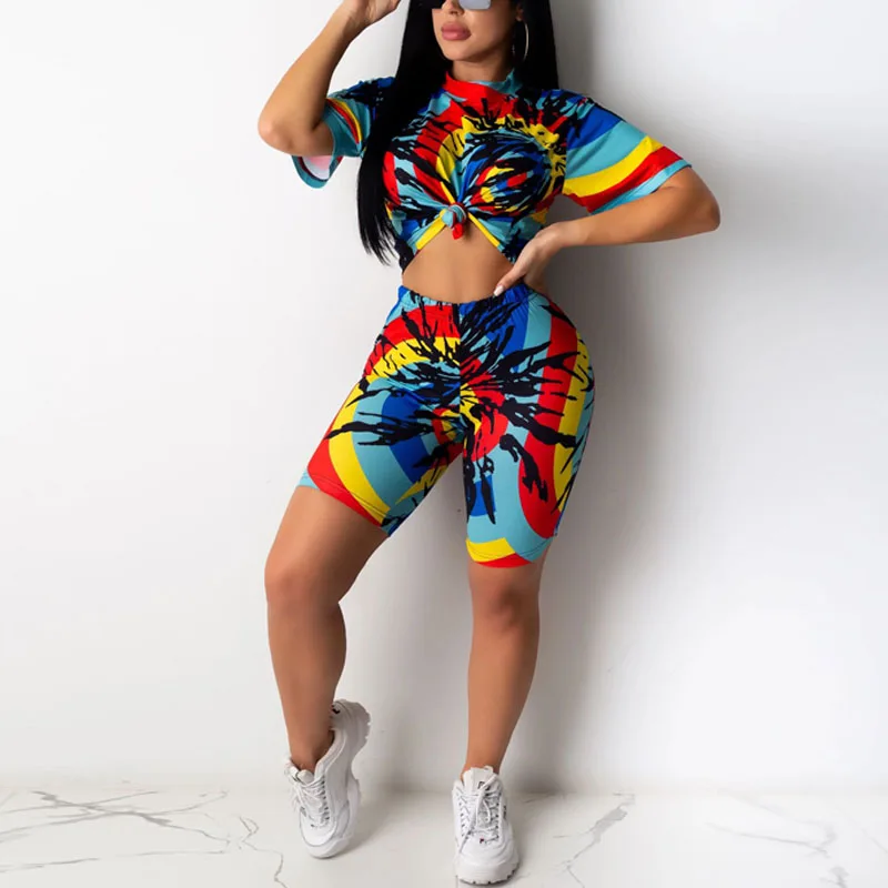 

Women Loose Summer Sets O Neck Tie Dye Short Sleeve Top Shirt and Biker Bodycon Shorts Outfits Casual Two Piece Set