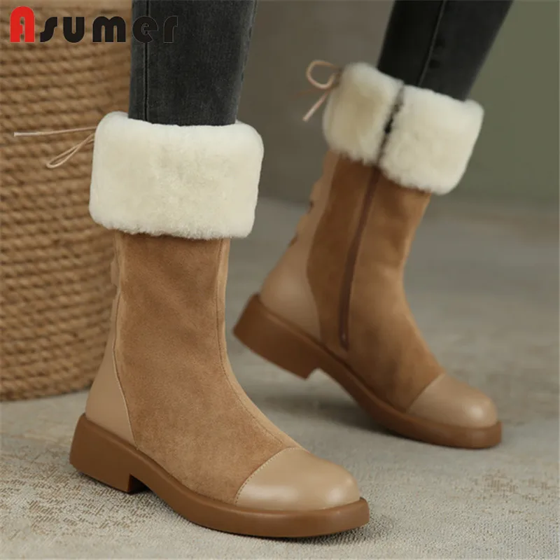 

Asumer 2022 New Arrive Winter Flat Shoes Women Snow Boots Genuine Leather +Flock Zip Warm Thick Fur Cross Tied Ankle Boots Women