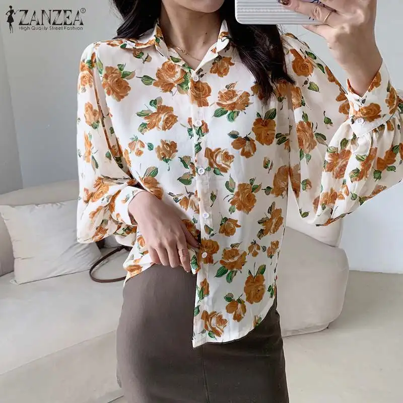 

2021 Autumn New Fashion Shirts Womens Korean Floral Print Blusa ZANZEA Single-breasted Lapel Tunic Casual Loose Long Sleeve Tops