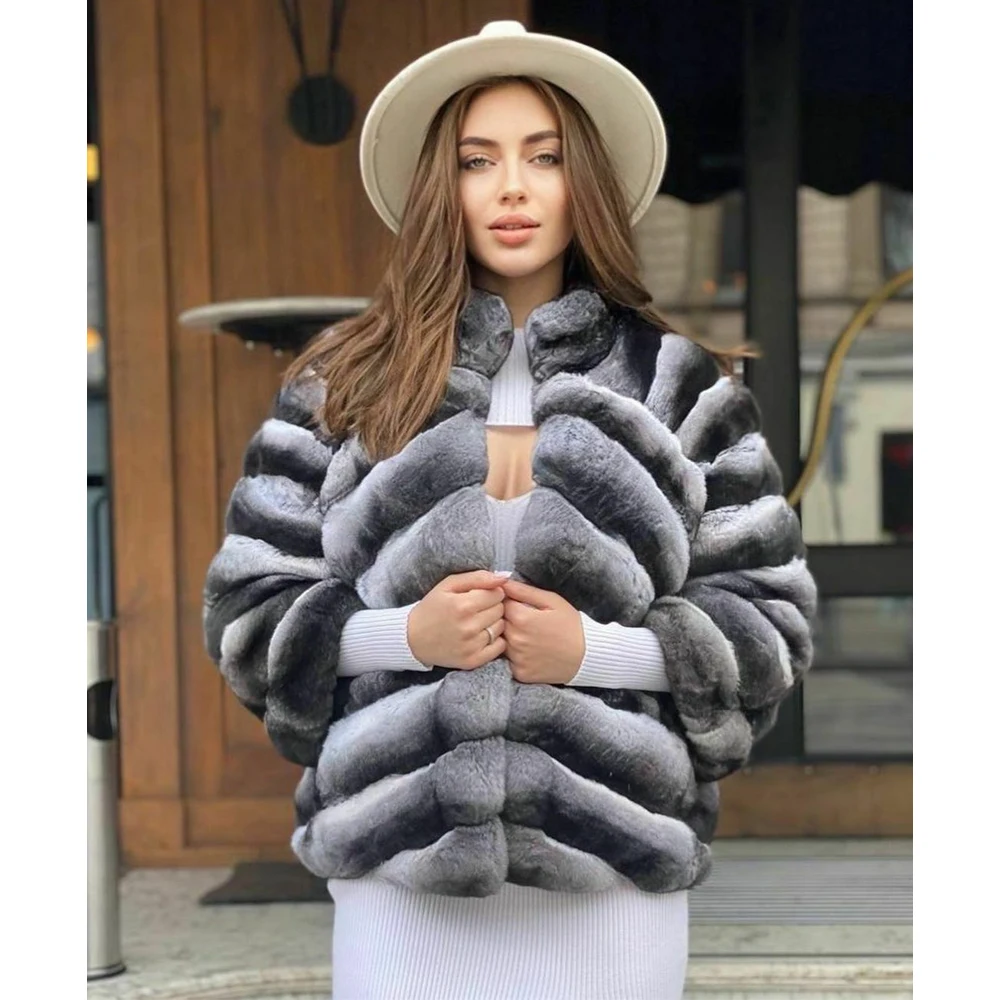Luxury Women Real Fur Coat V-neck Winter Fashion Chinchilla Color Trendy Rex Rabbit Fur Jacket Female Thick Warm Fur Overcoats enlarge