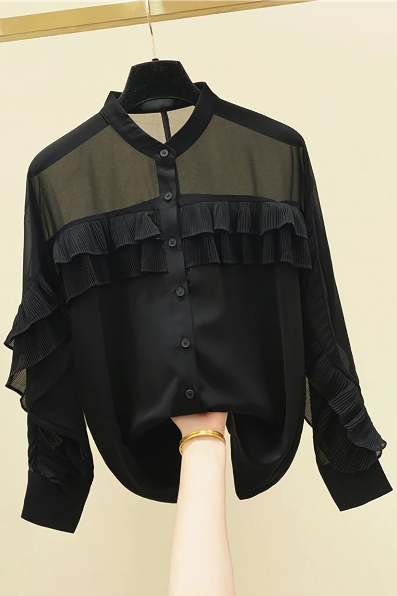 

Women Shirts Long Sleeve Solid White Chiffon Office Blouse Women Clothes Tops Blouses Blusas Mujer De Moda Black Ruffled Top
