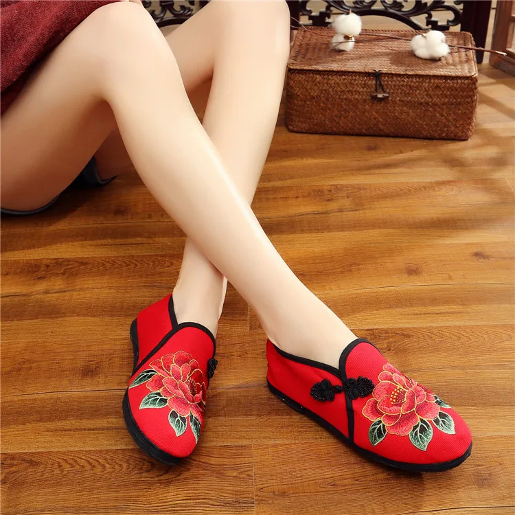 

Shallow Mouth Casual Woman Shoe Tennis Female Round Toe Breathable Fabric Floral PU Rubber Embroider Basic Buckle Strap Leisure