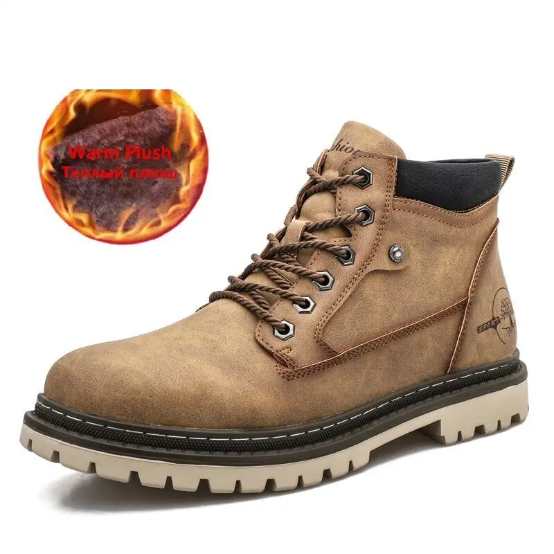 

Men Snow Boots High Quality Leather Ankle Boots Warm Fur Motorcycle Boots Fashion Winter Men Boots Outdoor Men's Work Boots