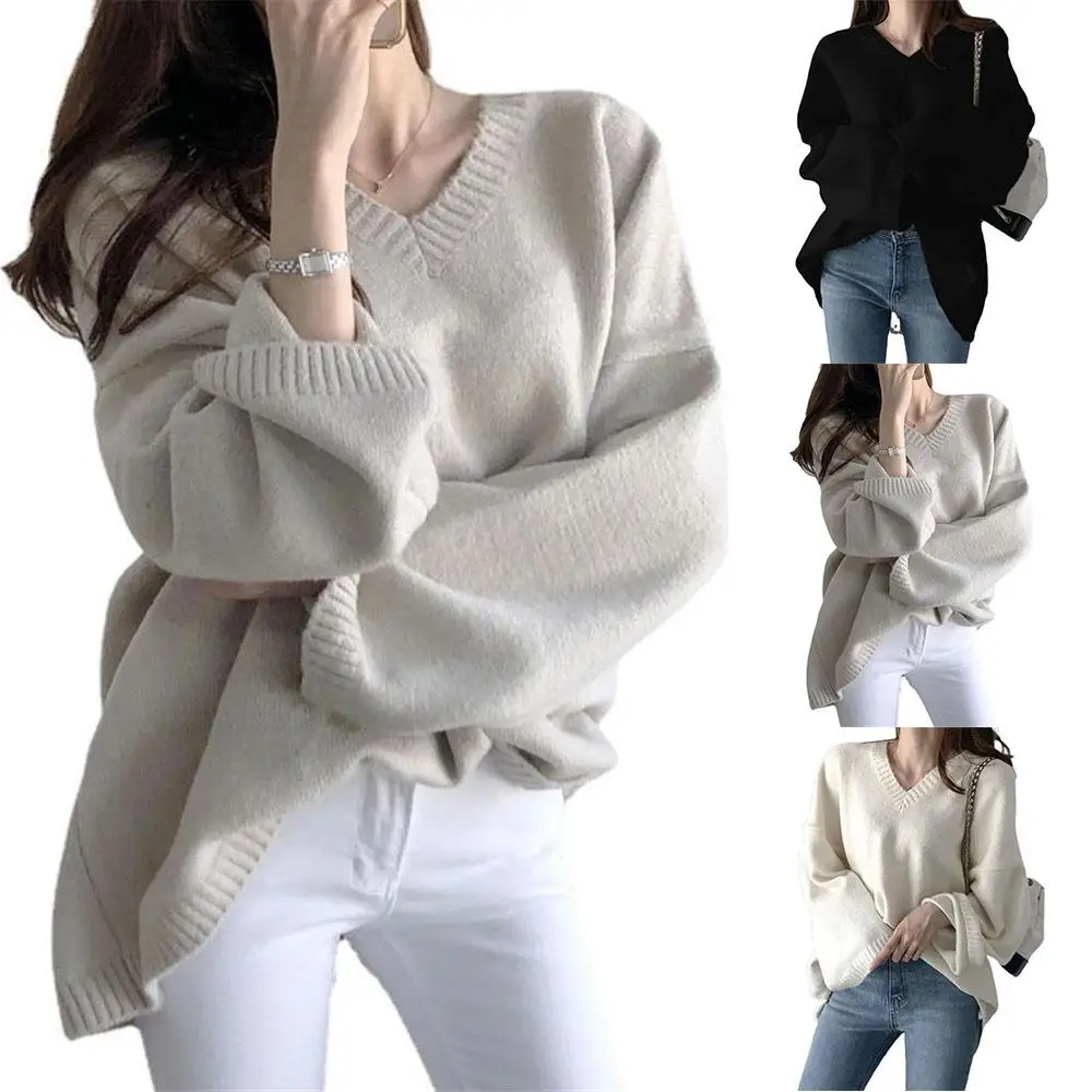 

Womens V-Neck Sweater Solid Color Long Sleeve Pullover Jumper Casual Knitted Winter Tops