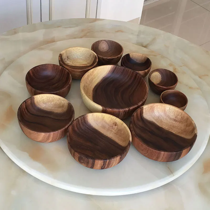 

Acacia Wooden Bowl Salad Bowl Circular Creative Wooden Bowl Whole Wood wa zhi Bowl Wholesale Customized