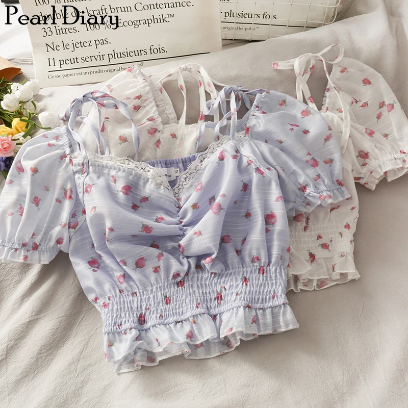 Pearl Diary-Blusa de encaje con dobladillo fruncido para mujer, Blusa con diseño Floral, fruncido, fruncido en la parte delantera, cintura fruncida