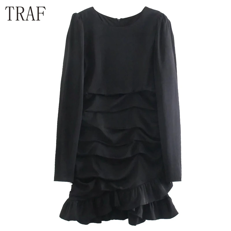 

TRAF Za 2021 Black Draped Mini Dress Woman Elegant Long Sleeve Short Dresses Ladies Ruffle Ruched Wrap Dress Autumn Party Dress