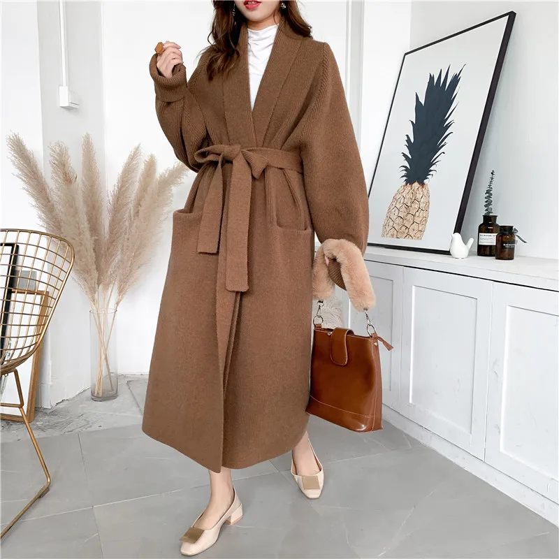 

New sweater coat fashionable and casual lazy style long alpaca knitted lace thickened large sweater cardigan women's outer wear