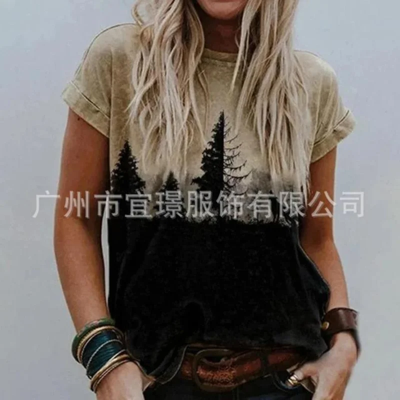 

Women Summer T-shirt Vintage Landscape Heart Short Sleeve Tees Casual Flower Print Plus Size O-neck Loose Pullover Tops T-shirts