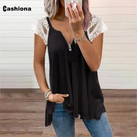 cashiona new fashion t shirts women patchwork lace zipper tops streetwear female casual loose tees shirts