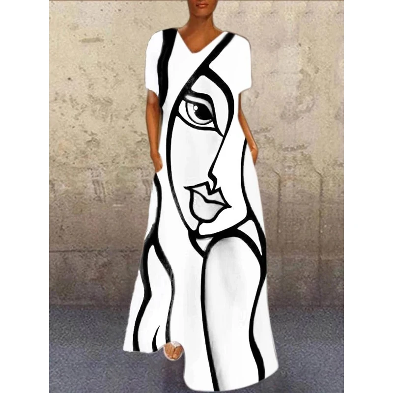 

Human Face Print Dress 2021 Elegant Casual Vintage Holiday Dresses Woman Summer Beach Sleeveless Girls Long Dress Women S-5XL