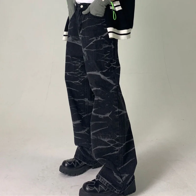 Men Print Wide Leg Jeans Autumn Loose Long Denim Pants Male Trousers Casual Streetwear Vintage Straight Pant Man