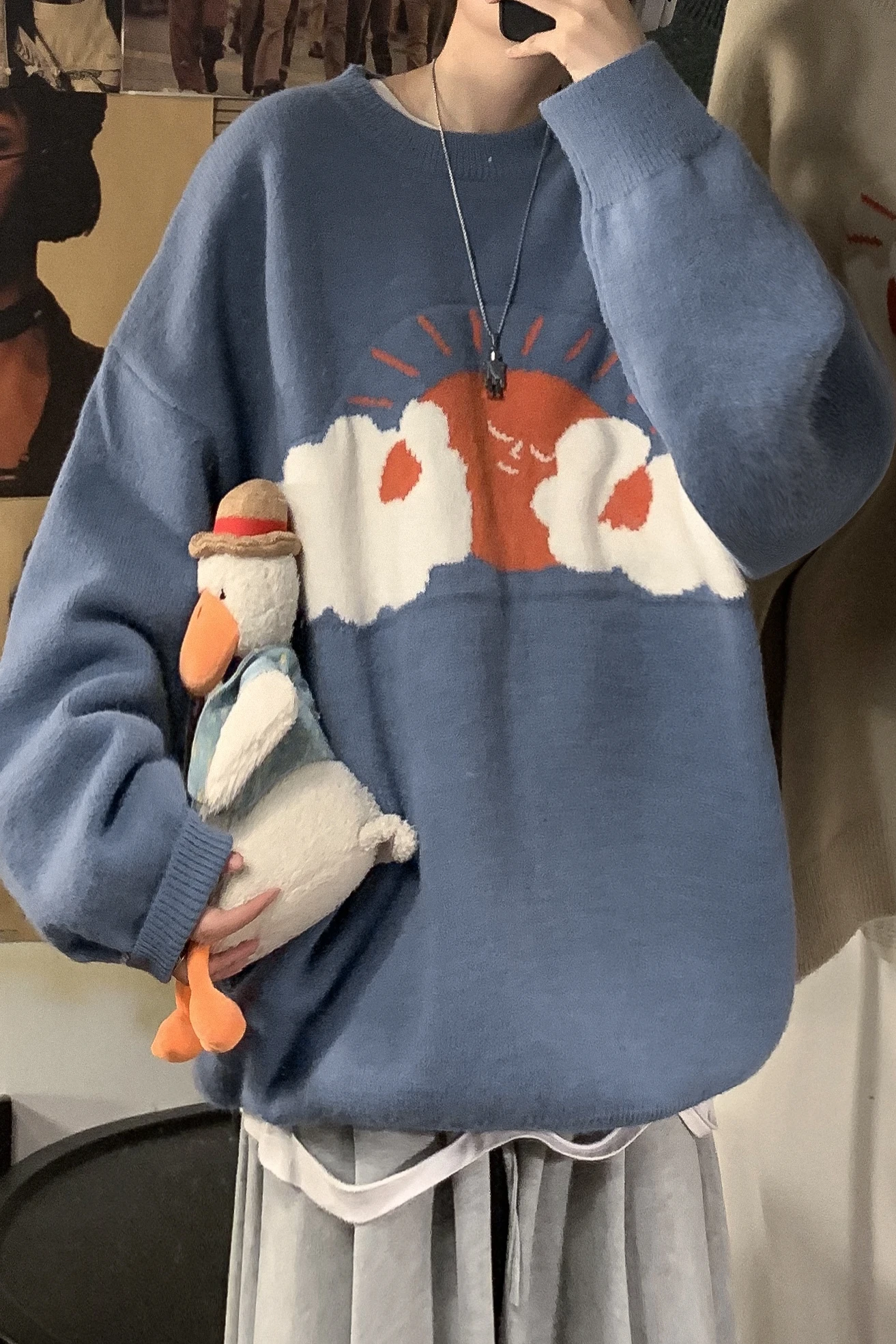 

Fashion lazy wind loose sweater autumn and winter hip hop graffiti knitted base shirt men