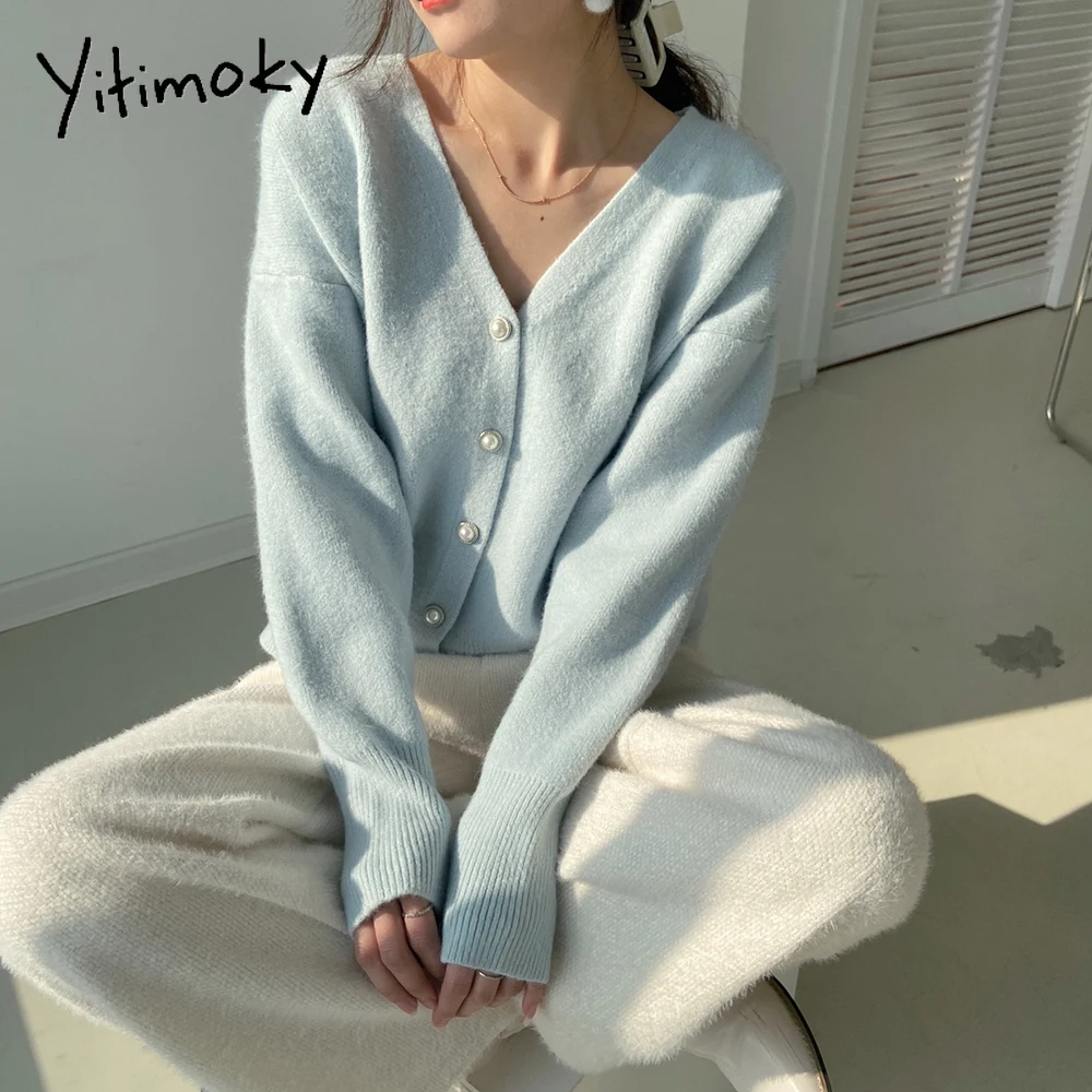 Yitimoky Strickjacke Frauen Pullover 2021 Winter Koreanische Mode Blau V-ausschnitt Strick Dame Kleidung Feste Beiläufige Rosa Warme Lose Mantel