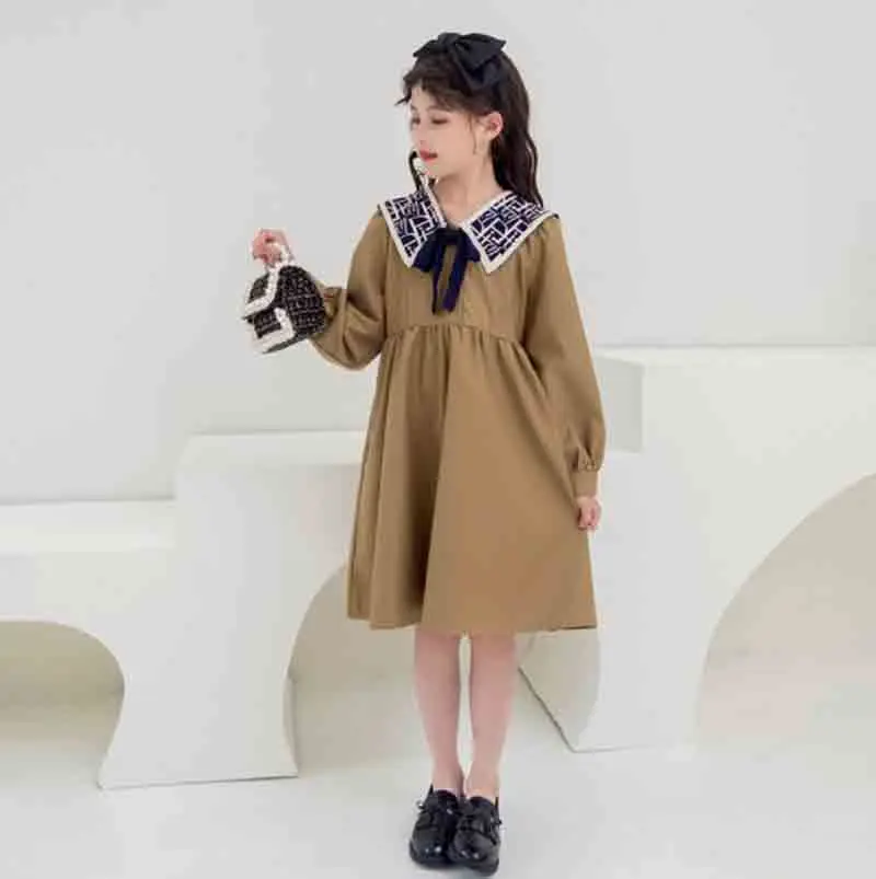 

Cultiseed Girls Autumn New Sweet Vintage Long Sleeve Dress With Removable Bow Scarf Collar Children Teens Loose Casual Gowns