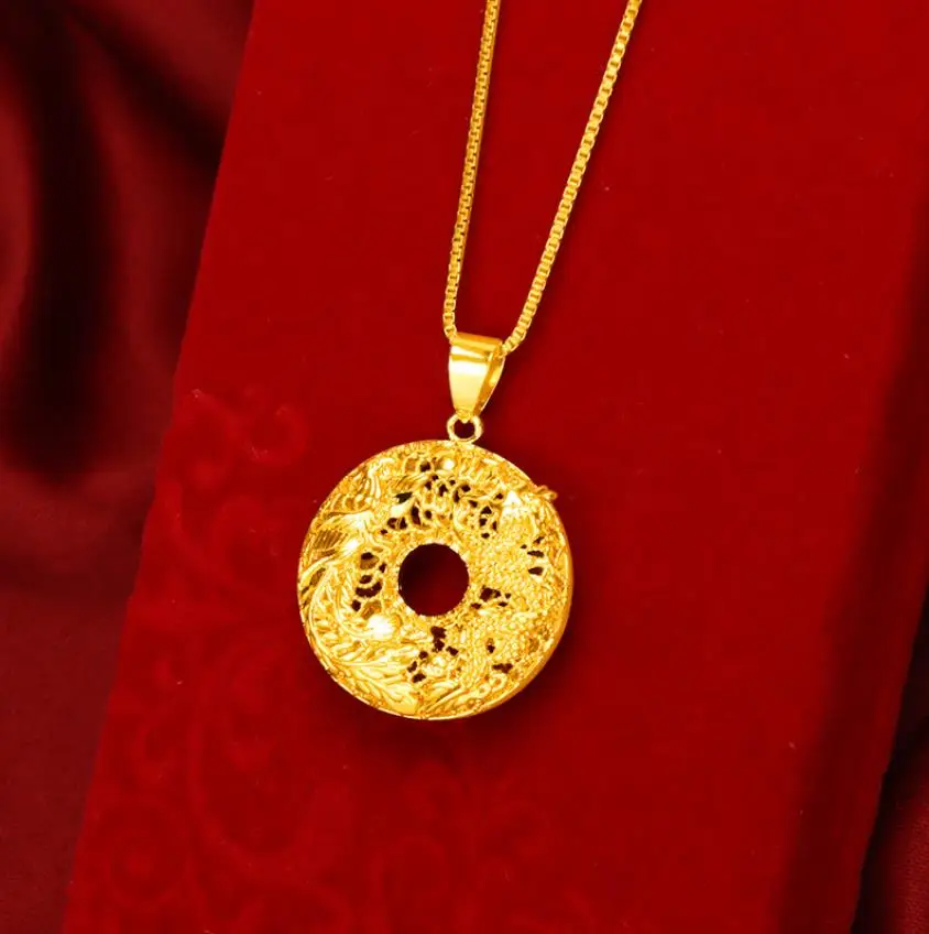 

Hi women hollow out 24K Gold round dragon feng Pendant Necklace for female party Jewelry with Chain Birthday Gift long no fade