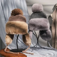 womens pompom fur knitted bomber hat with earflaps plus velvet ladies winter hat warm beanies ski cap bonnet femme ushanka 2021