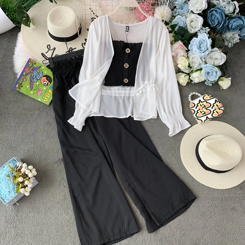 Костюм женский летний топ с завышенной талией широкие брюки и солнцезащитный