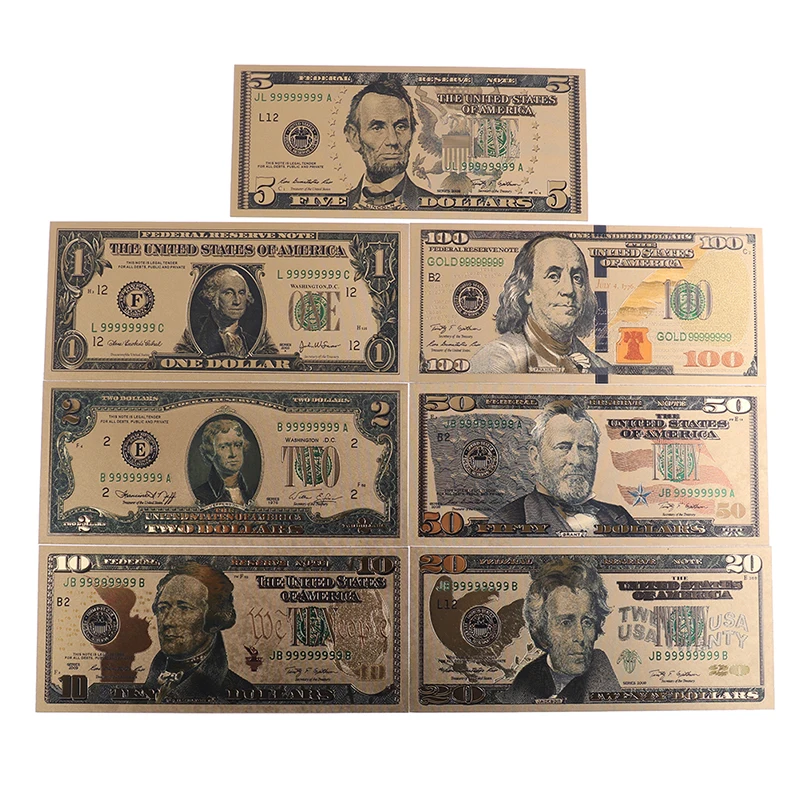 

7pcs/Set 24K replica Gold Plated Souvenir Home Decoration Realistic Banknotes Dollars Antique Plated Commemorative Notes Plastic
