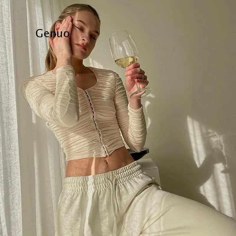 

Элегантные офисные женские туфли шифоновый кроп Топ для женщин уличный чистый плиссированные Повседневная одежда 2020 Harajuku вечерние клуб Же...