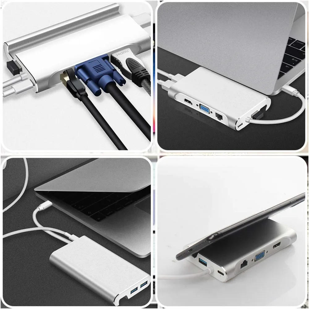 7 в 1 USB C 3 Тип до 4K совместимому с HDMI VGA Rj45 Gigabit Ethernet портами (стандарт 0 Порты и