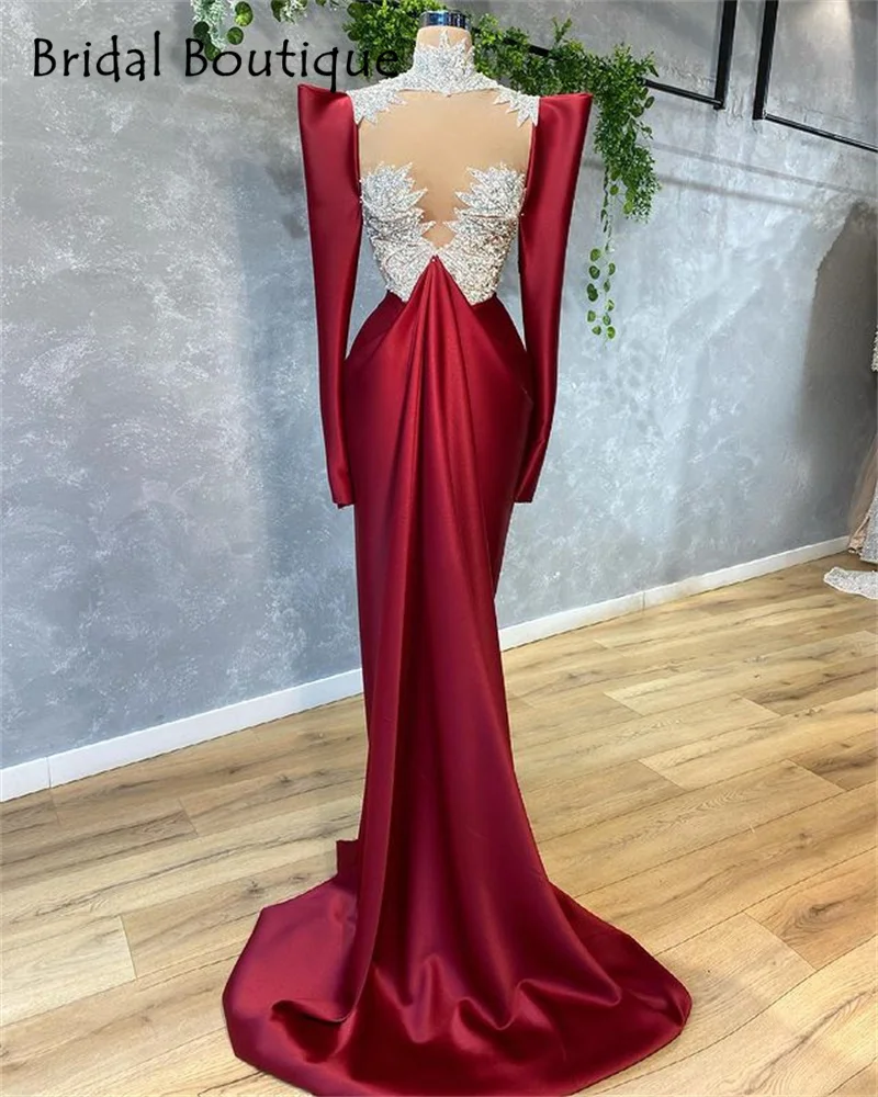 

High Neck Red Mermaid Evening Dresses 2021 Sexy Crystal Beaded Prom Gowns Satin Formal Party Dress Sweep Train