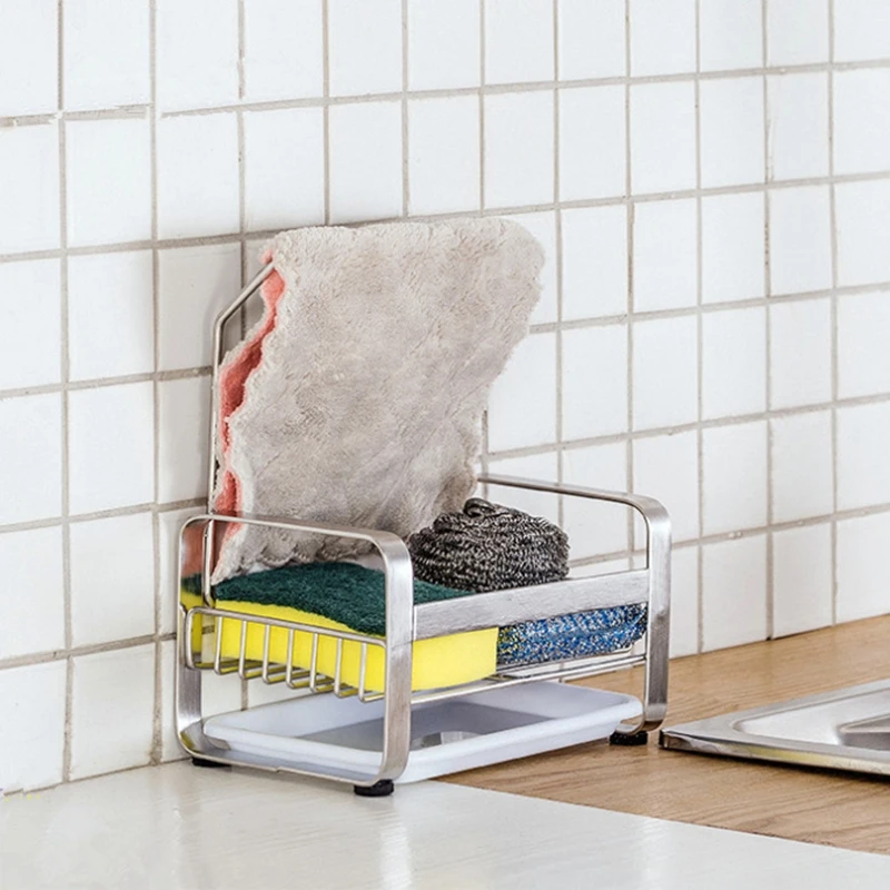 

Sponge Holder Kitchen Sink Caddy Cleaning Brush Soap Organizer Rack, with Drain Tray