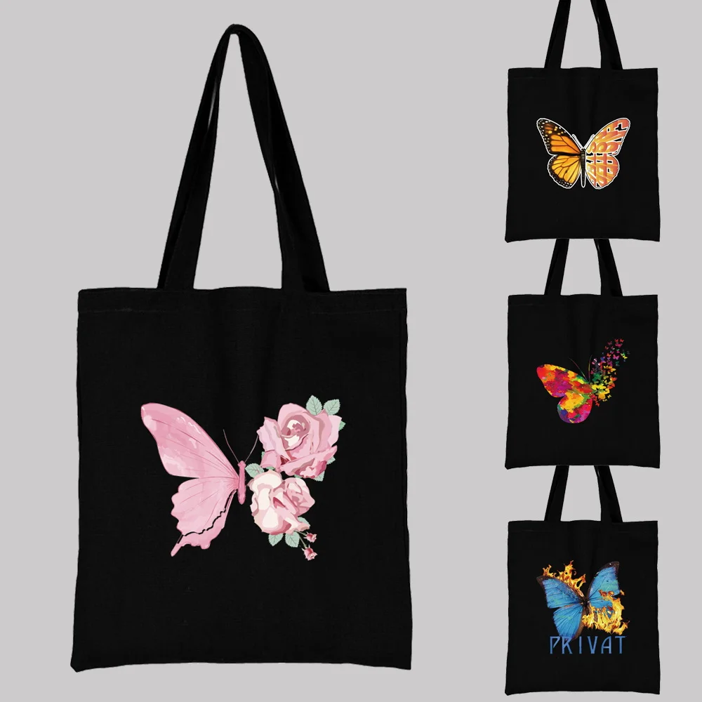 

Новая женская сумка для покупок на одно плечо, повседневная черная холщовая Студенческая сумка с цветным принтом бабочки, универсальная мн...