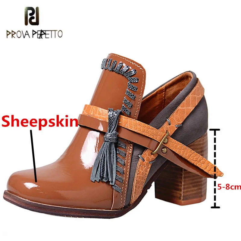 

Prova Perfetto Retro Mixed Colors Genuine Leather Women's Ankle Boots High Quality Square Toe High Heels Buckle Strap Lady Boots