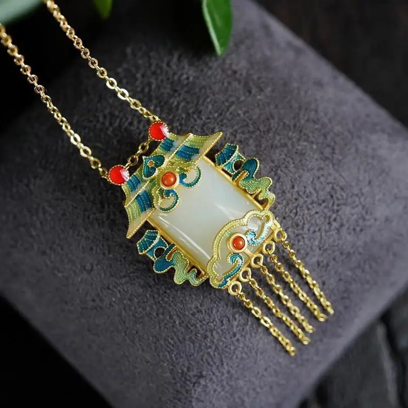 

Designer original new flange porcelain inlaid rectangular Hetian jade necklace pendant Chinese style elegant ladies jewelry