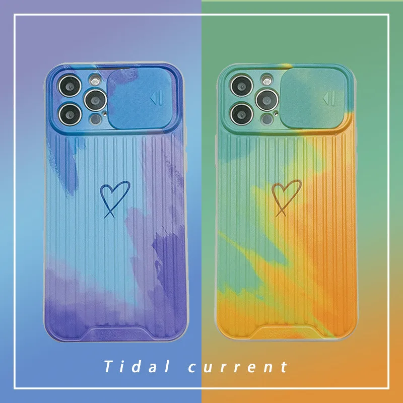 

For iPhone 11 Case Love Heart Watercolor Slide Camera Protection Cases For iPhone 12 11 Pro Max XS Max X XR 7 8 Plus Soft Cover