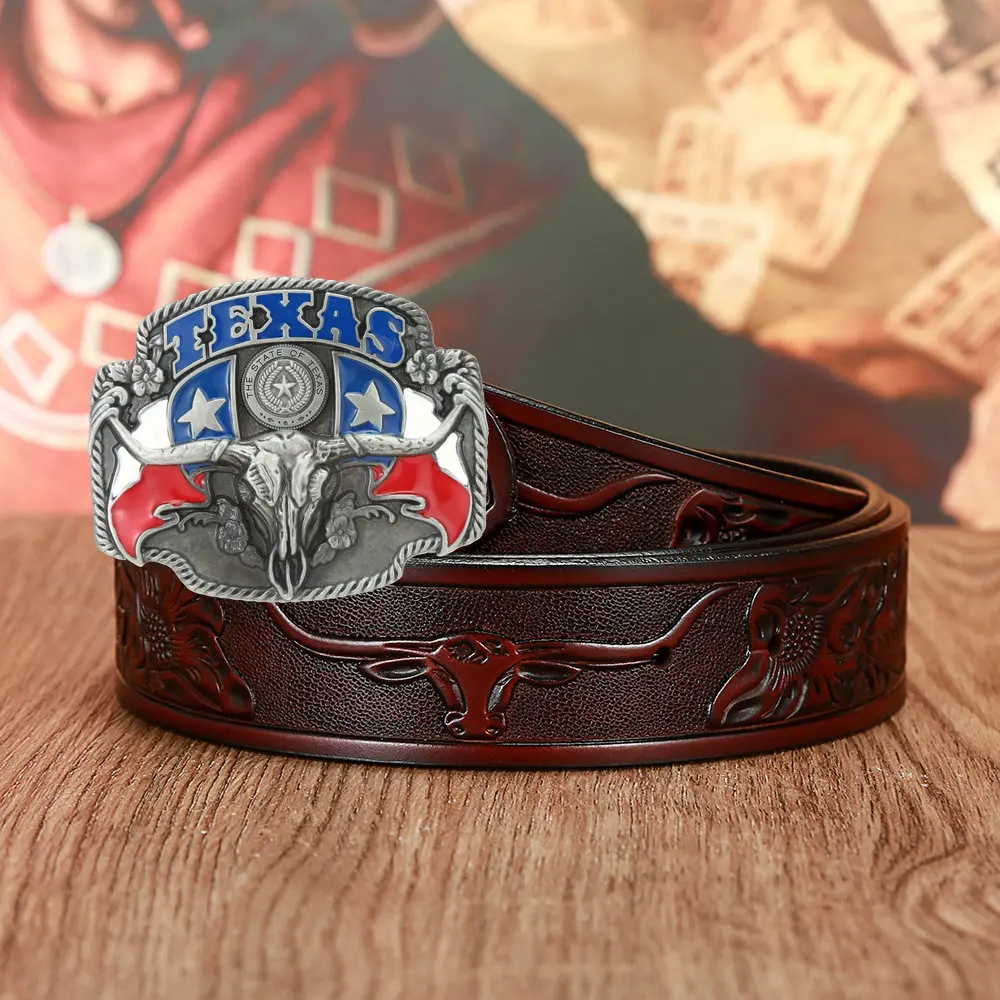 Western cowboy leather belt domineering bull buckle headband pattern retro belt