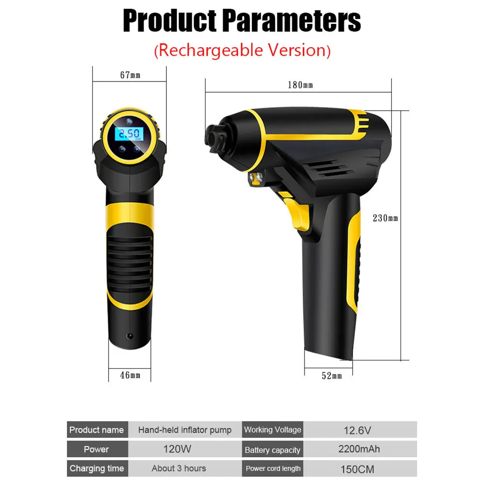 Беспроводной или проводной автомобильный воздушный компрессор 120 Вт 12 В ручной