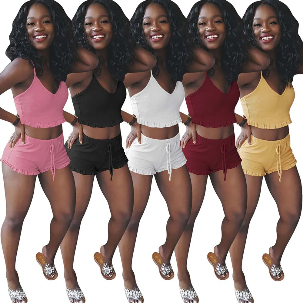 

Ribbed Ruffles Patchwork Two Piece Short Sets Women's Tracksuit Spaghetti Strap Crop Top and Beach Shorts Summer Club Outfits