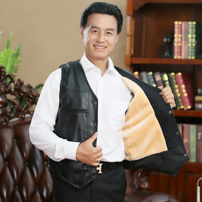 

New leather vest men velvet thick PU leather waistcoat big size jacket Fur wool liner warm windproof Button Coats Many pockets